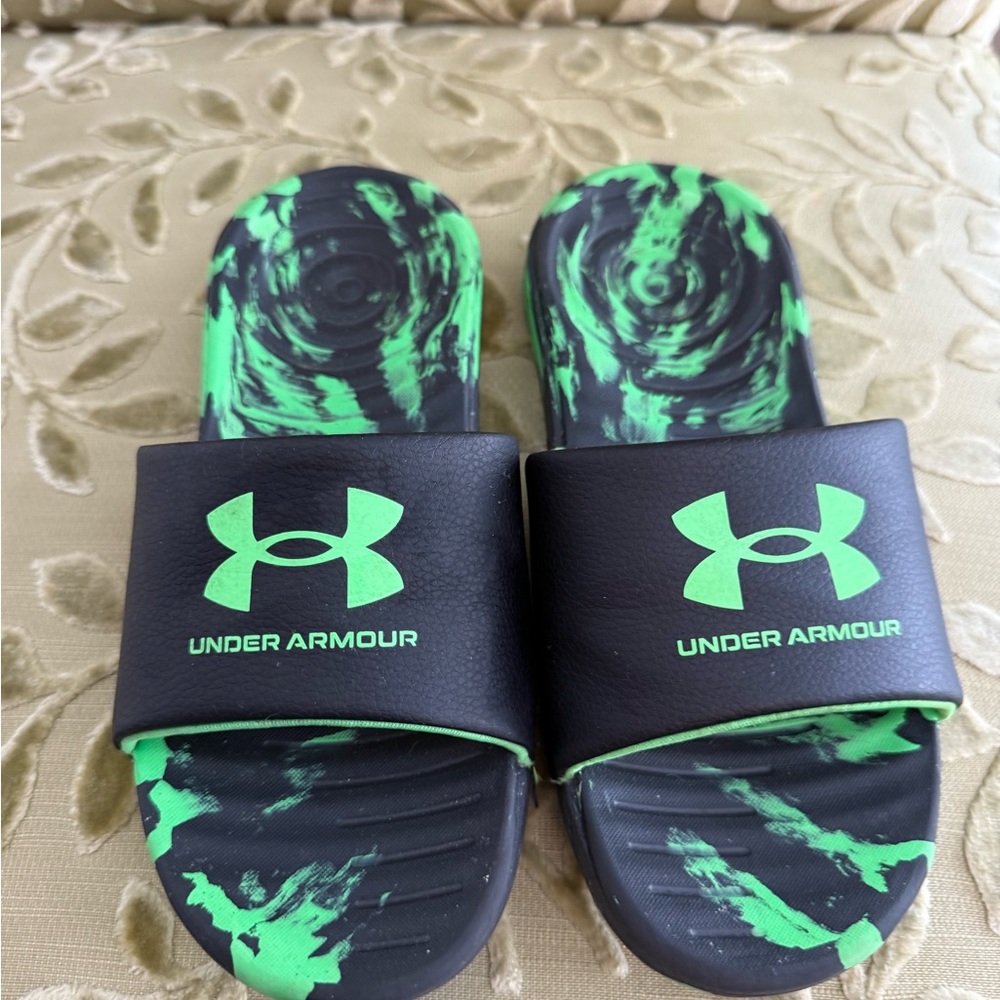 Under Armour Black and Green Slide Sandals